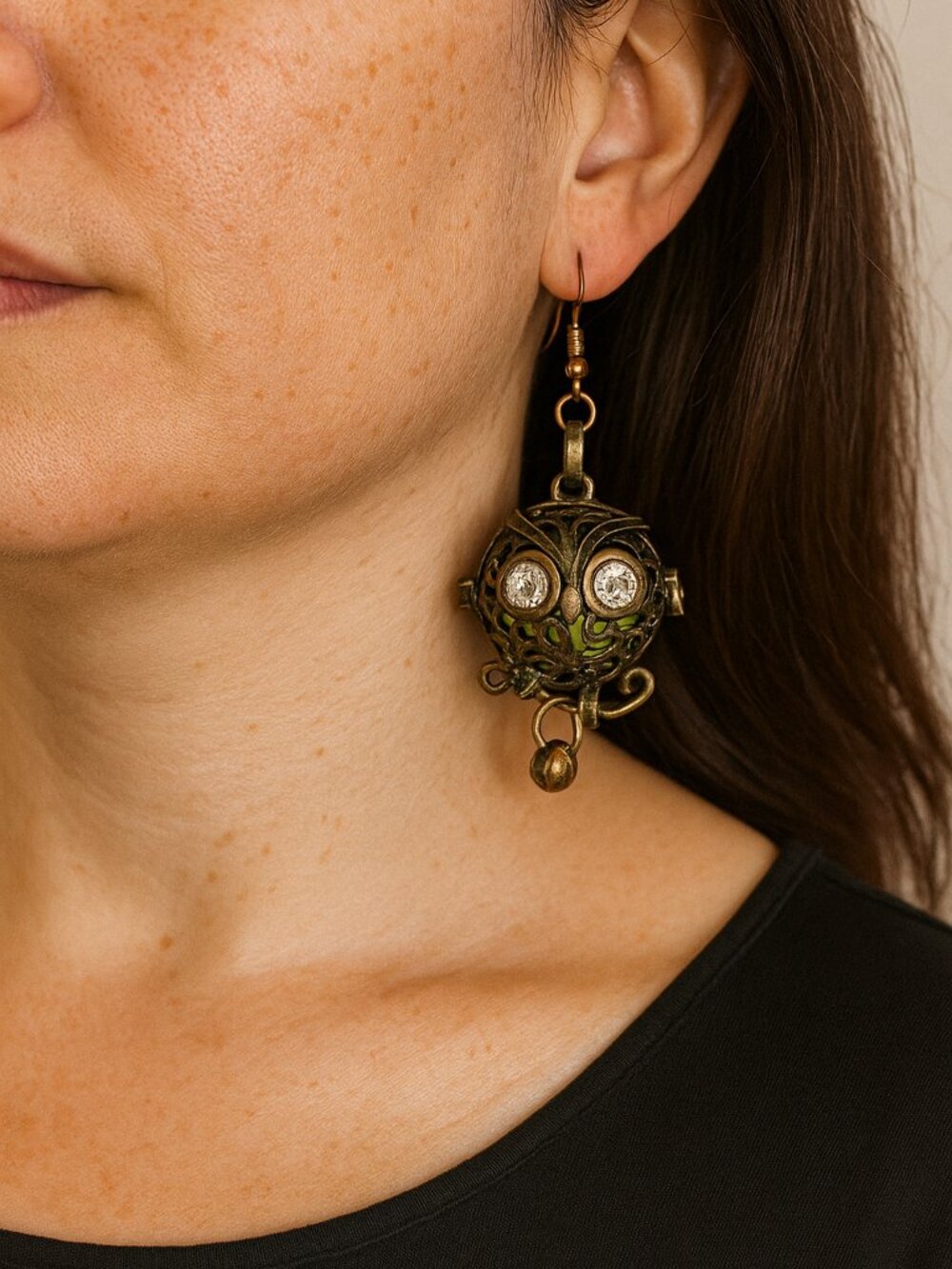 Owl Locket Earrings 3”